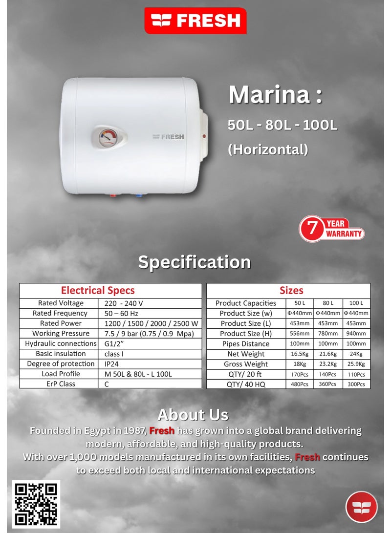 Fresh Marina Electric Water Heater – 100L – Horizontal – Fast Heating – Energy Saving – UAE Standard - Image 2